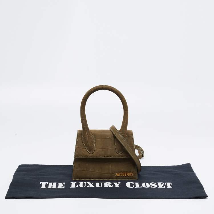 Pre Owned Jacquemus Khaki Green Croc Embossed Nubuck Leather Moyen Le Chiquito Top Handle Bag