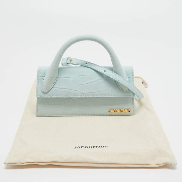 Pre Owned Jacquemus Light Blue Croc Embossed Nubuck Leather Long Le Chiquito Top Handle Bag