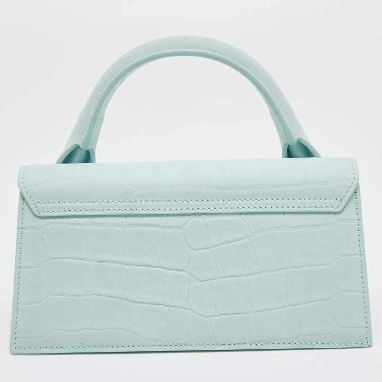 Pre Owned Jacquemus Light Blue Croc Embossed Nubuck Leather Long Le Chiquito Top Handle Bag