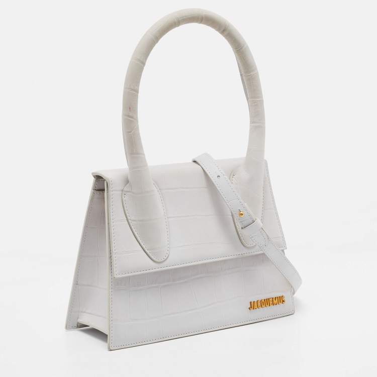 Pre Owned Jacquemus White Croc Embossed Leather Grand Le Chiquito Top Handle Bag