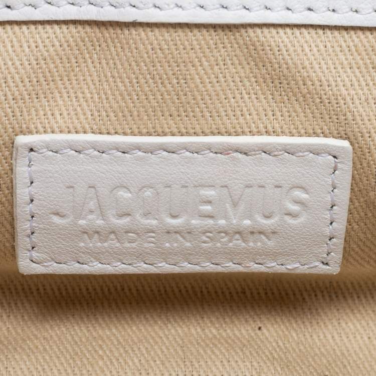Pre Owned Jacquemus White/Beige Woven Canvas and Leather Mini Espelho Fringe Bag