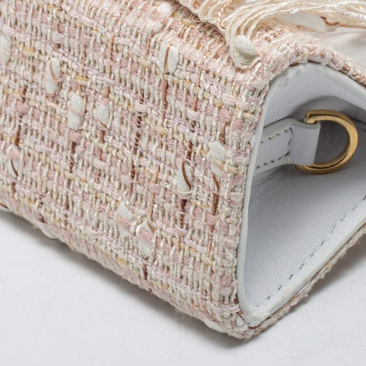 Pre Owned Jacquemus White/Beige Woven Canvas and Leather Mini Espelho Fringe Bag