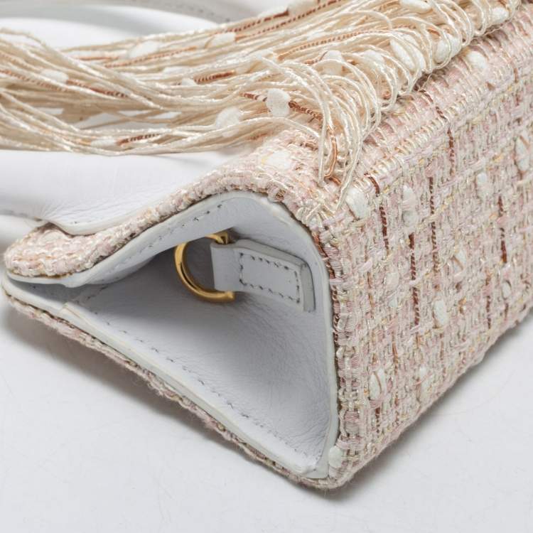 Pre Owned Jacquemus White/Beige Woven Canvas and Leather Mini Espelho Fringe Bag