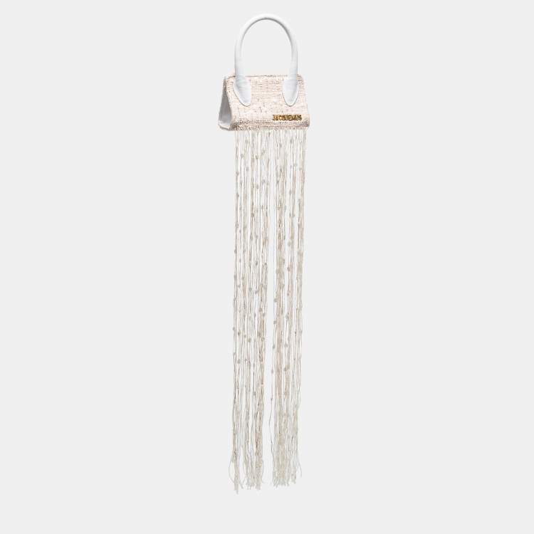 Pre Owned Jacquemus White/Beige Woven Canvas and Leather Mini Espelho Fringe Bag