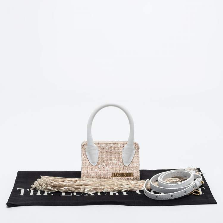 Pre Owned Jacquemus White/Beige Woven Canvas and Leather Mini Espelho Fringe Bag