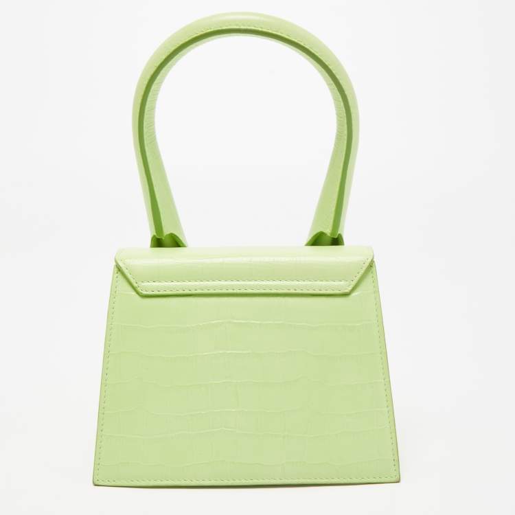 Pre Owned Jacquemus Light Green Croc Embossed Leather Le Chiquito Noeud Top Handle Bag