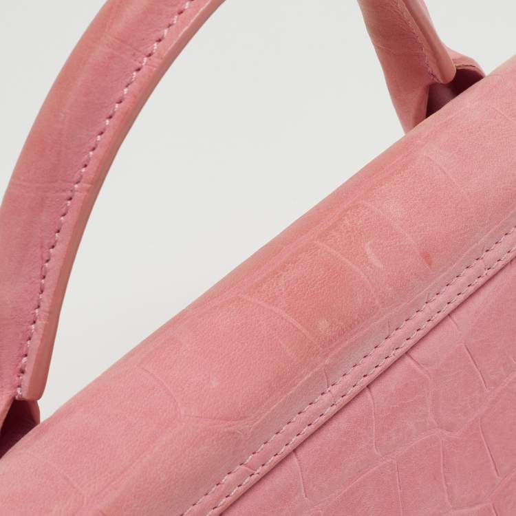 Pre Owned Jacquemus Light Pink Croc Embossed Nubuck Leather Long Le Chiquito Top Handle Bag