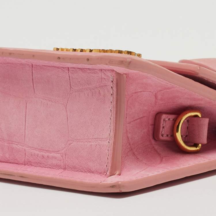 Pre Owned Jacquemus Light Pink Croc Embossed Nubuck Leather Long Le Chiquito Top Handle Bag