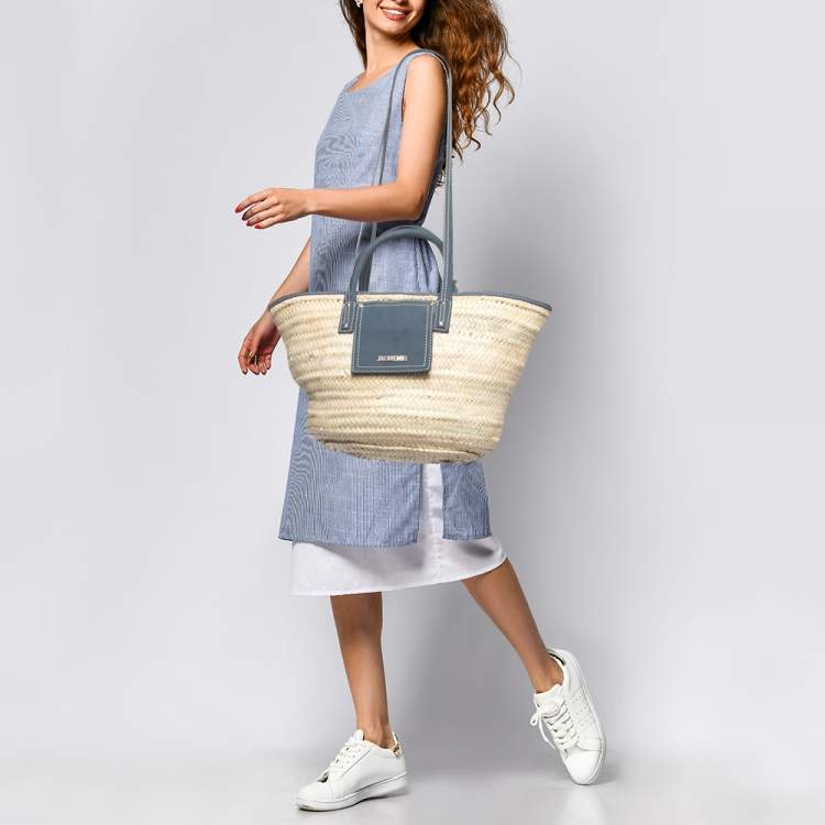 Pre Owned Jacquemus Blue/Natural Raffia and Nubuck Leather Le Panier Soleil Basket Tote