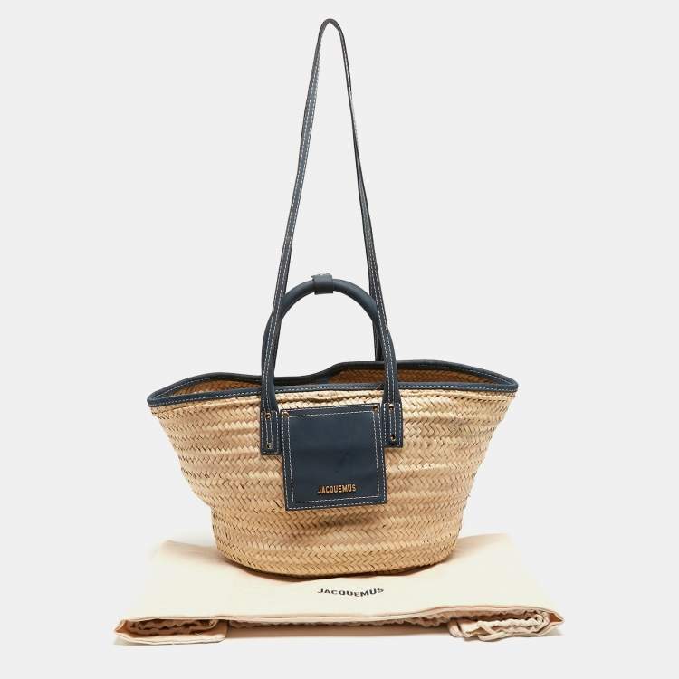 Pre Owned Jacquemus Blue/Natural Raffia and Nubuck Leather Le Panier Soleil Basket Tote