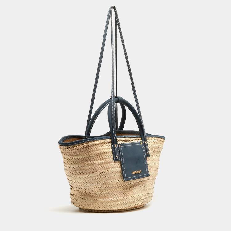 Pre Owned Jacquemus Blue/Natural Raffia and Nubuck Leather Le Panier Soleil Basket Tote