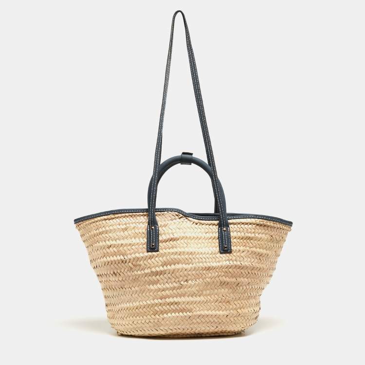 Pre Owned Jacquemus Blue/Natural Raffia and Nubuck Leather Le Panier Soleil Basket Tote