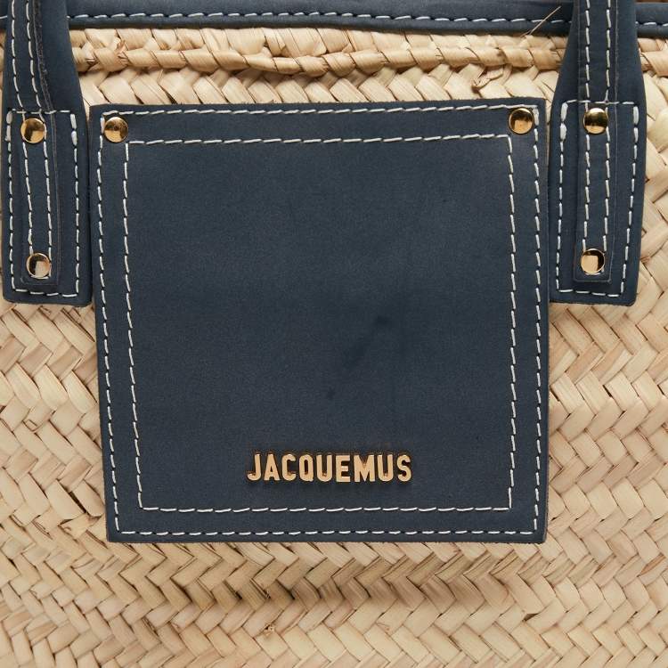 Pre Owned Jacquemus Blue/Natural Raffia and Nubuck Leather Le Panier Soleil Basket Tote