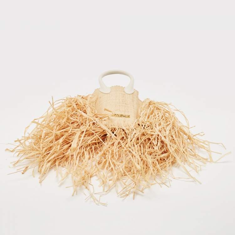 Pre Owned Jacquemus Off White/Natural Straw and Leather Let Petite Baci Tote
