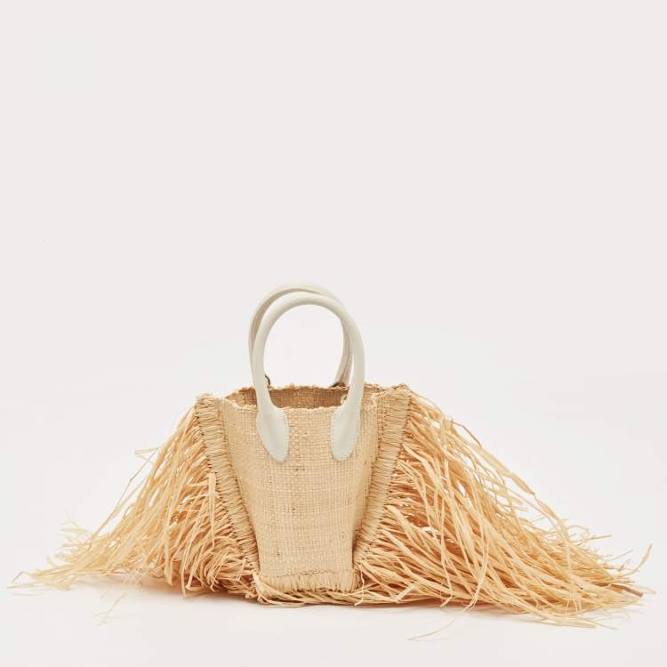 Pre Owned Jacquemus Off White/Natural Straw and Leather Let Petite Baci Tote