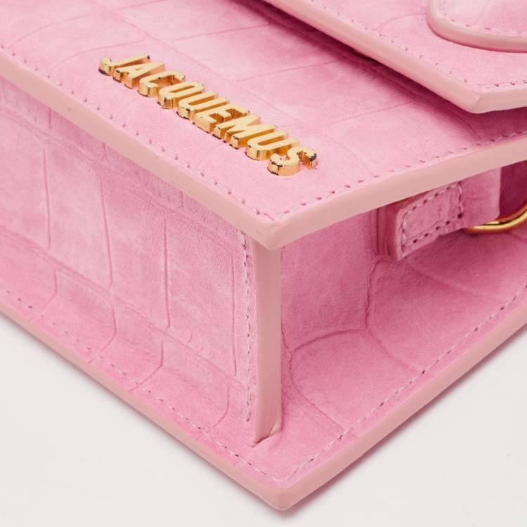 Pre Owned Jacquemus Light Pink Croc Embossed Nubuck Leather Long Le Chiquito Top Handle Bag