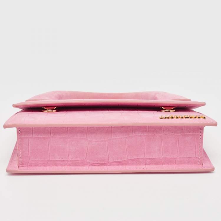 Pre Owned Jacquemus Light Pink Croc Embossed Nubuck Leather Long Le Chiquito Top Handle Bag