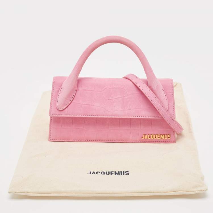 Pre Owned Jacquemus Light Pink Croc Embossed Nubuck Leather Long Le Chiquito Top Handle Bag