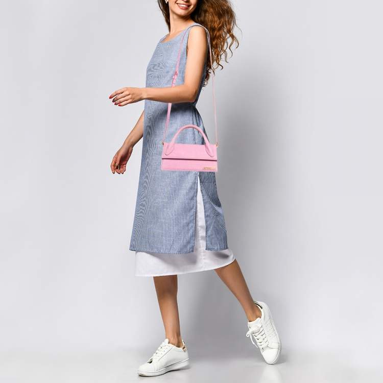 Pre Owned Jacquemus Light Pink Croc Embossed Nubuck Leather Long Le Chiquito Top Handle Bag