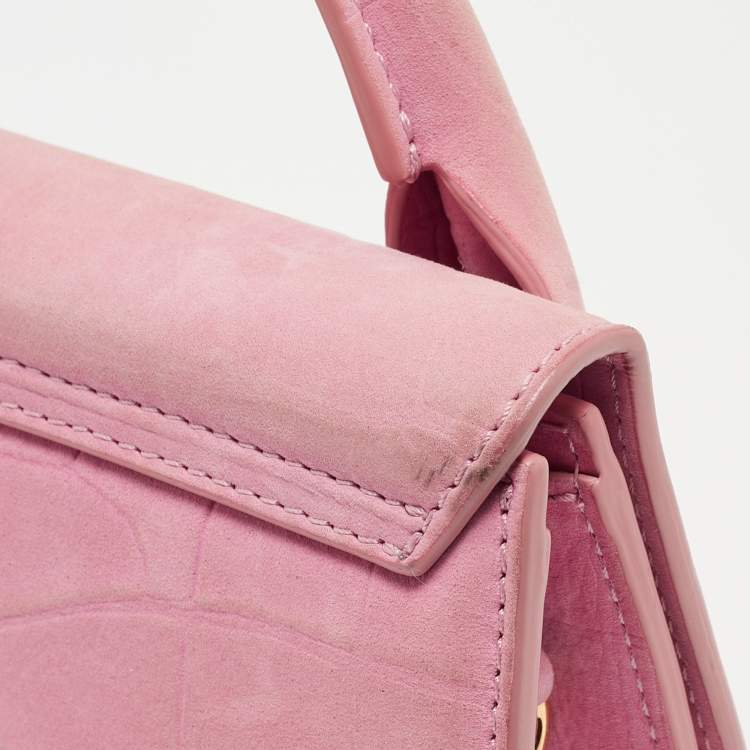 Pre Owned Jacquemus Pink Croc Embossed Suede Long Le Chiquito Top Handle Bag