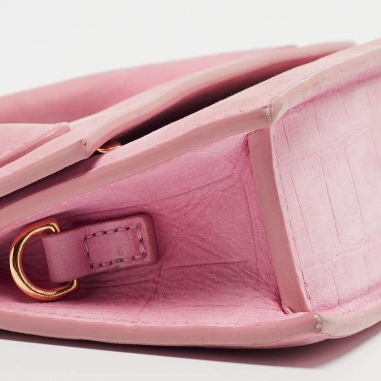 Pre Owned Jacquemus Pink Croc Embossed Suede Long Le Chiquito Top Handle Bag