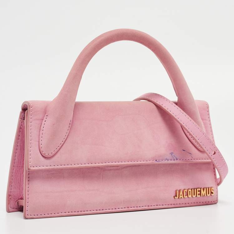 Pre Owned Jacquemus Pink Croc Embossed Suede Long Le Chiquito Top Handle Bag