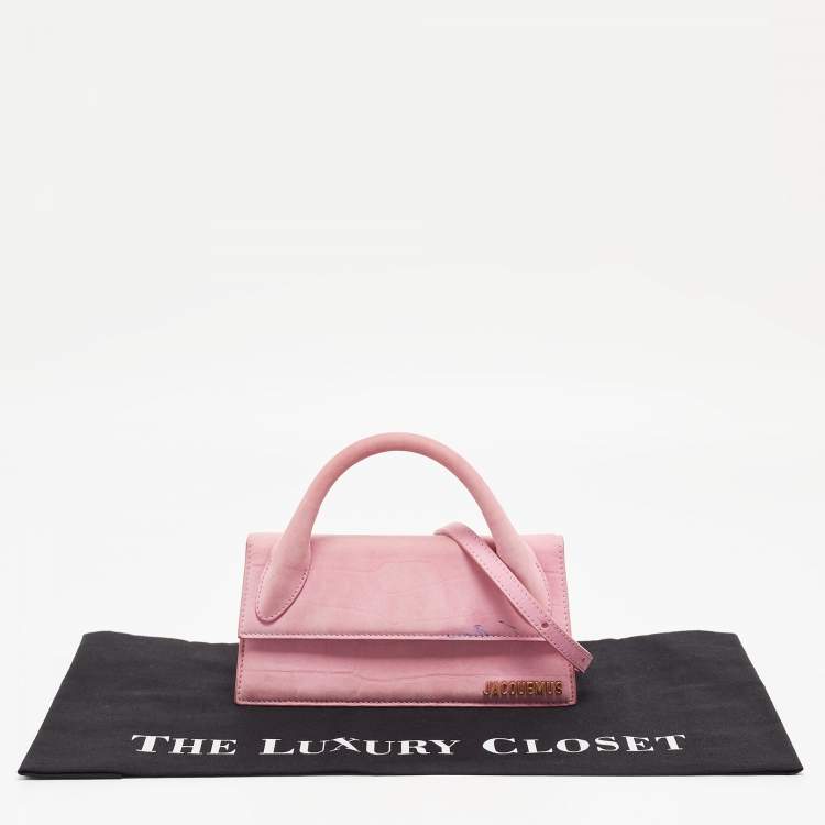Pre Owned Jacquemus Pink Croc Embossed Suede Long Le Chiquito Top Handle Bag