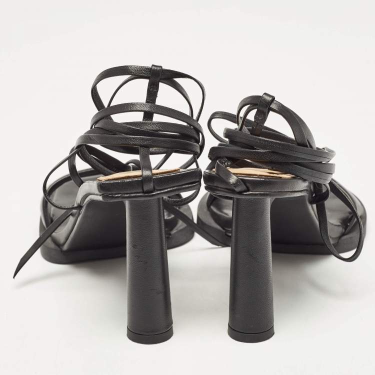 Pre Owned  Jacquemus Black Leather Les Carrés Ronds Ankle Wrap Sandals Size 37