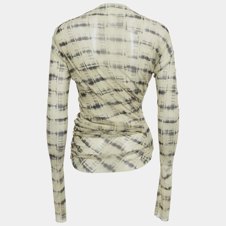 Pre Owned Jade Cropper Light Beige Printed Mesh Drape Detail Sheer Top S  