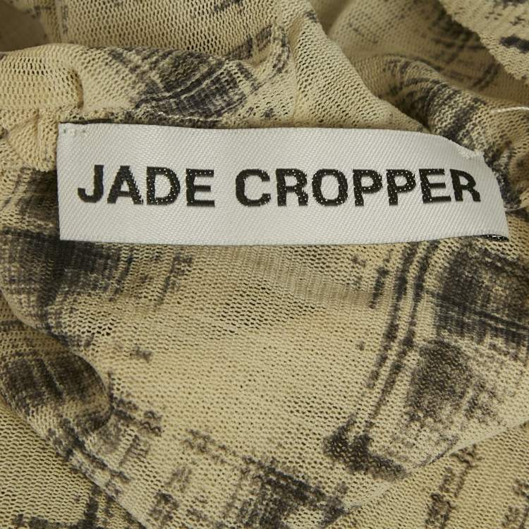Pre Owned Jade Cropper Light Beige Printed Mesh Drape Detail Sheer Top S  