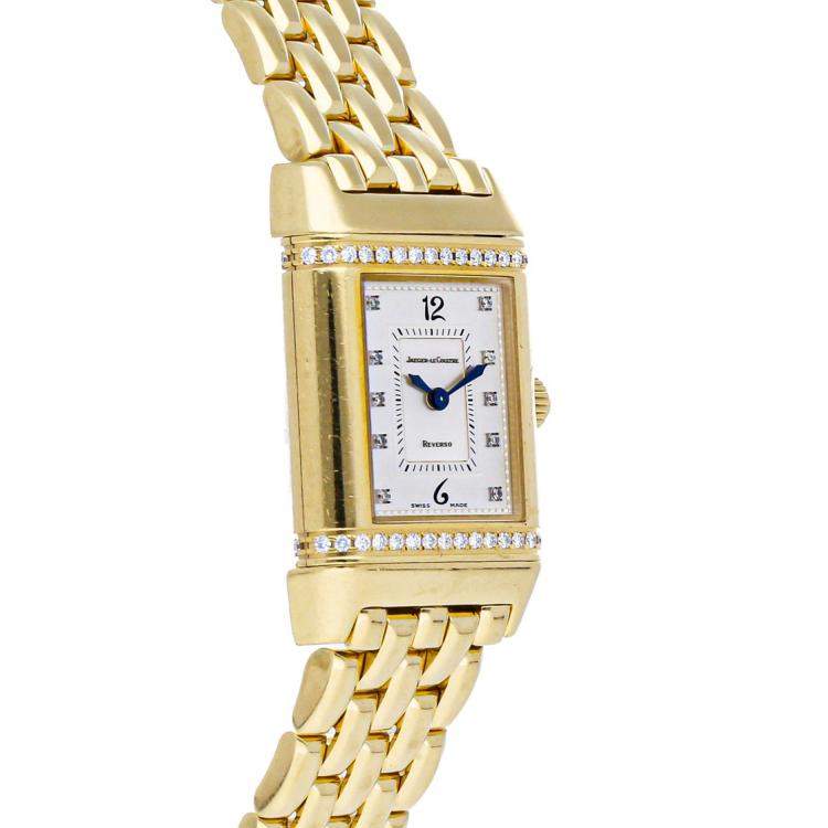 Pre Owned Jaeger LeCoultre Silver Diamonds 18K Yellow Gold Reverso Florale Q2651402 Women's Wristwatch 33 x 21 MM