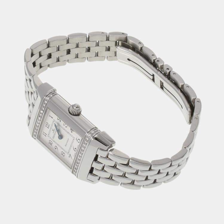Pre Owned Jaeger LeCoultre Silver Diamond Stainless Steel Reverso 265.8.08 Quartz Women's Wristwatch 21 mm