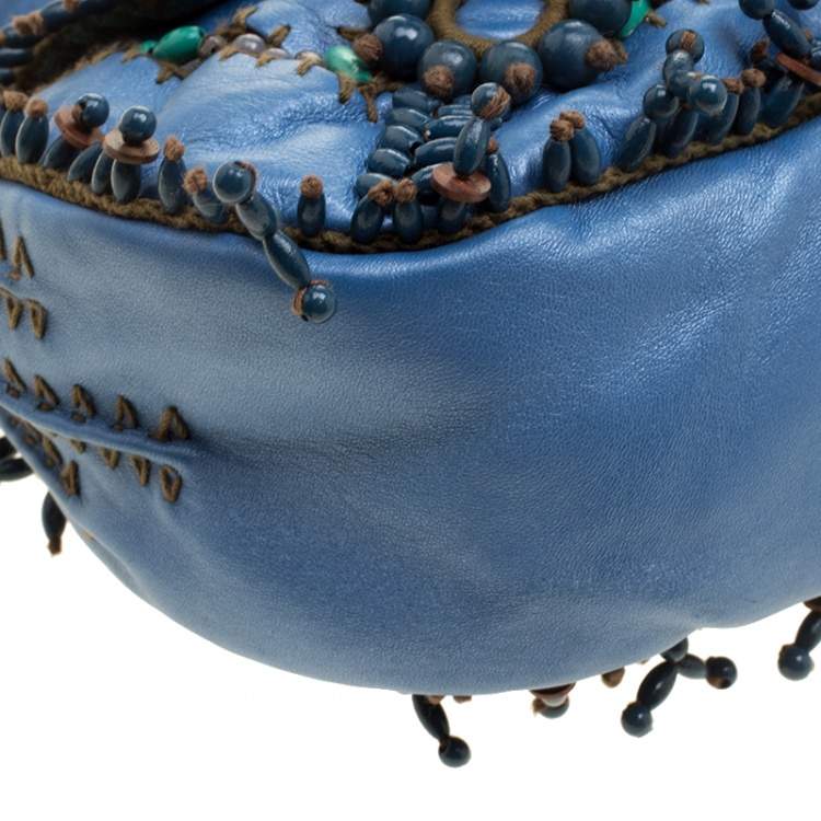 مملوكة مسبقًا حقيبة كتف جامين بوش جلد أزرق خرز مطرز