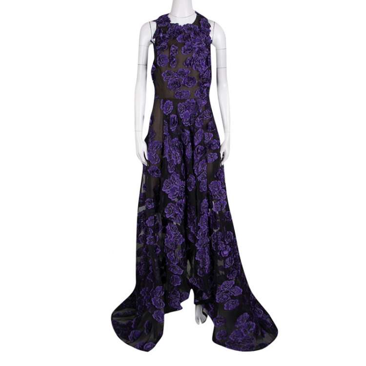 Pre Owned Jason Wu Purple Floral Applique and Jacquard High Low Gown M