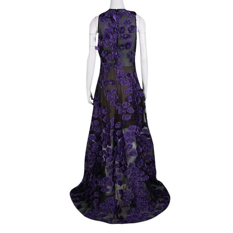 Pre Owned Jason Wu Purple Floral Applique and Jacquard High Low Gown M