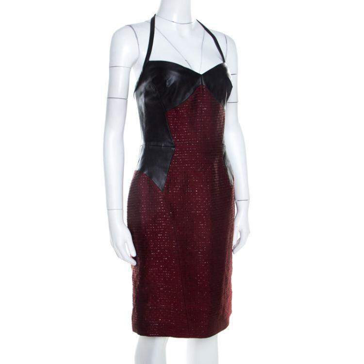 Pre Owned Jason Wu Burgundy and Black Leather Paneled Halter Dress M
