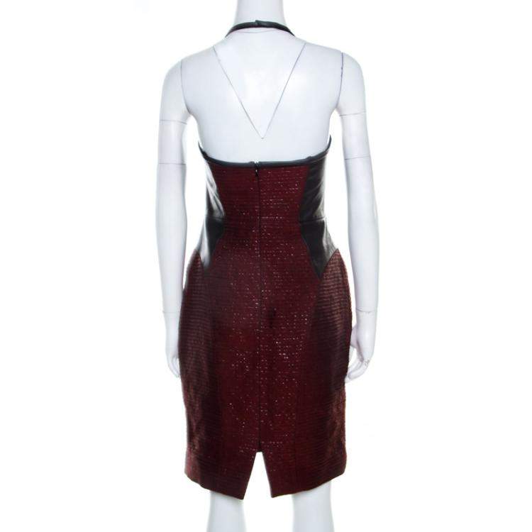 Pre Owned Jason Wu Burgundy and Black Leather Paneled Halter Dress M