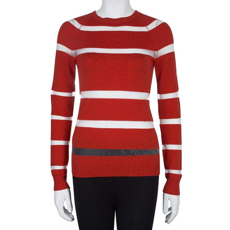 Pre Owned Jason Wu Red Merino Wool Sheer Stripe Detail Sweater S
