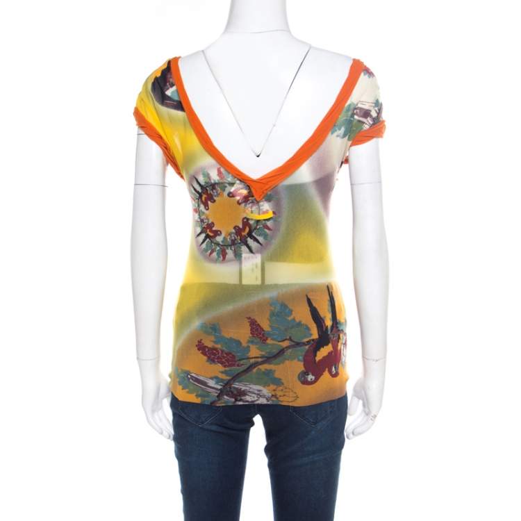 Pre Owned Jean Paul Gaultier Soleil Multicolor Printed Nylon Mesh Ruched Top L