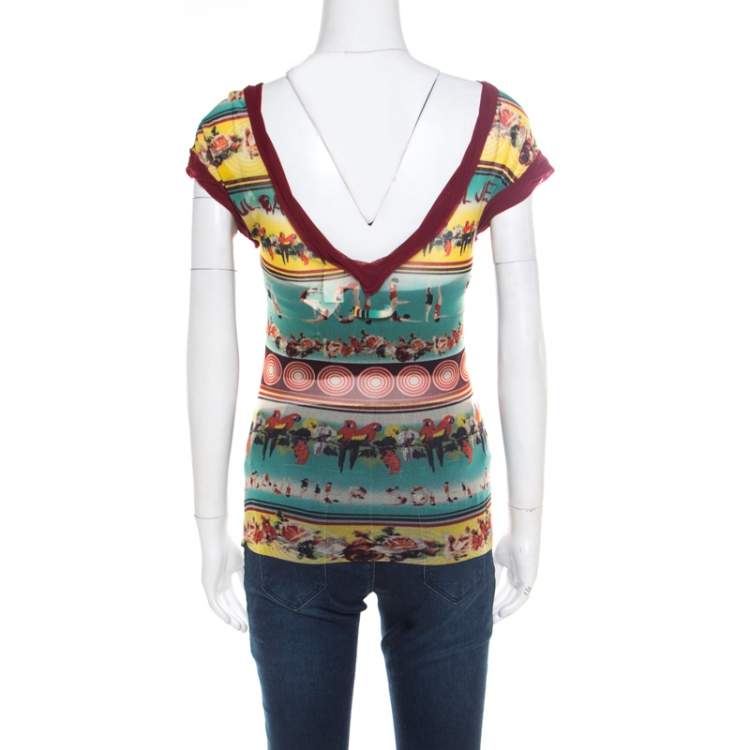 Pre Owned Jean Paul Gaultier Soleil Multicolor Printed Nylon Mesh Ruched Top L