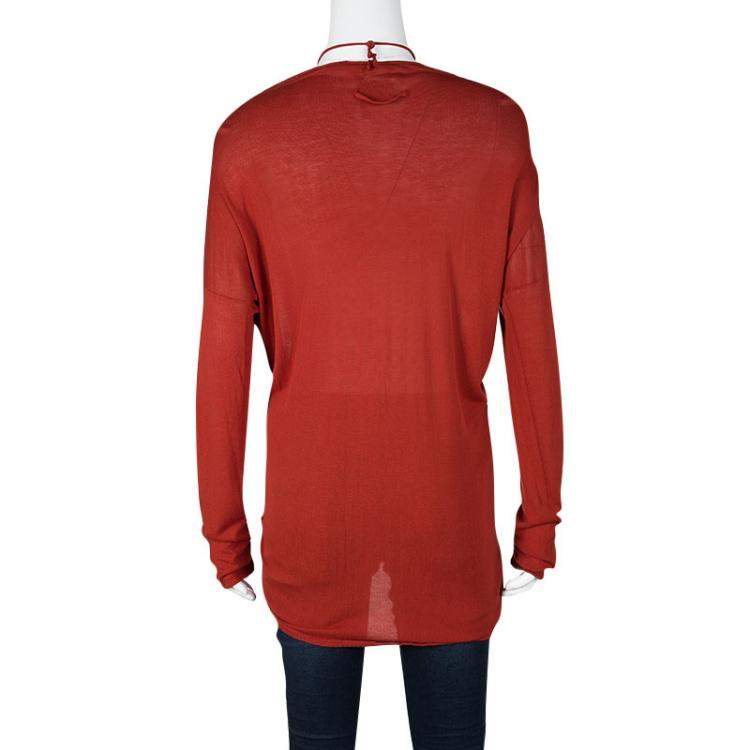 Pre Owned Jean Paul Gaultier Tomato Red Knit Ruched Long Sleeve Top L