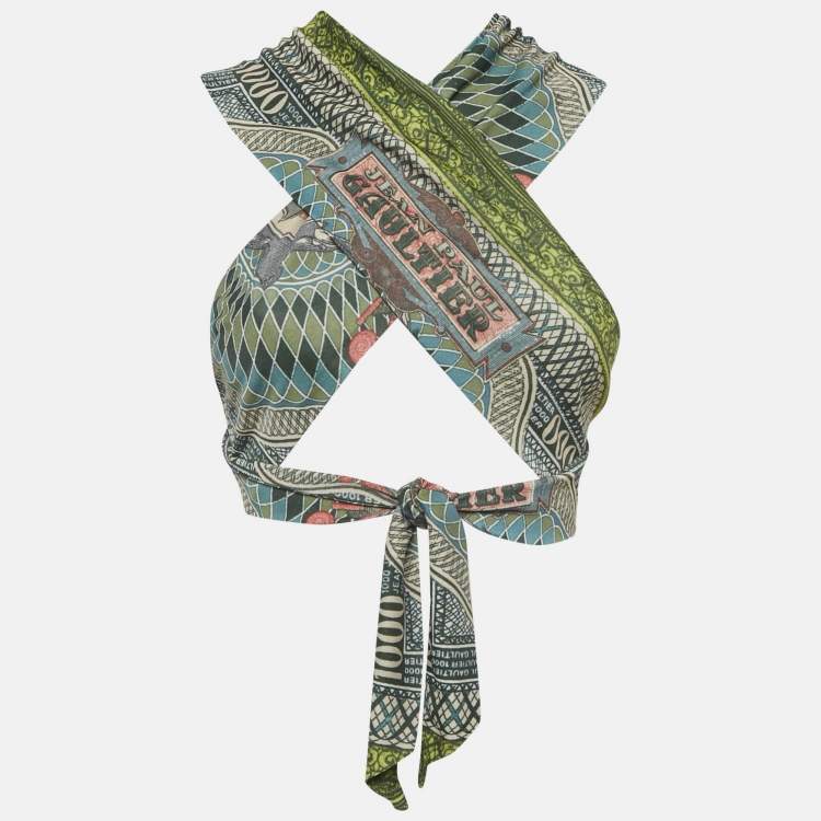 Pre Owned Jean Paul Gaultier Green Printed Jersey Wrap Top S