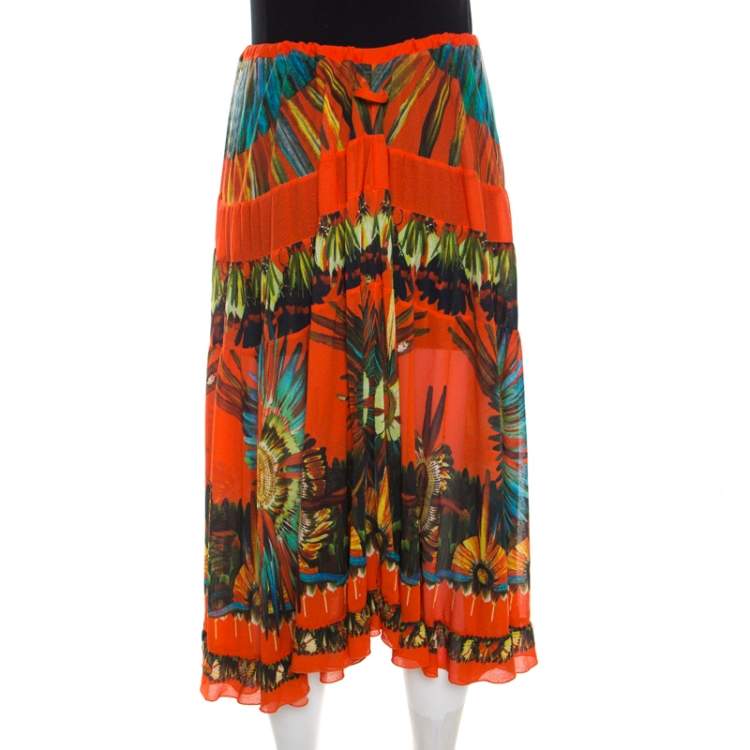 Pre Owned Jean Paul Gaultier Soleil Orange Floral Printed Gauze Tiered Midi Skirt M