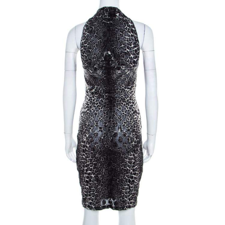 Pre Owned Jean Paul Gaultier Soleil Monochrome Leopard Patterned Jacquard Halter Dress S