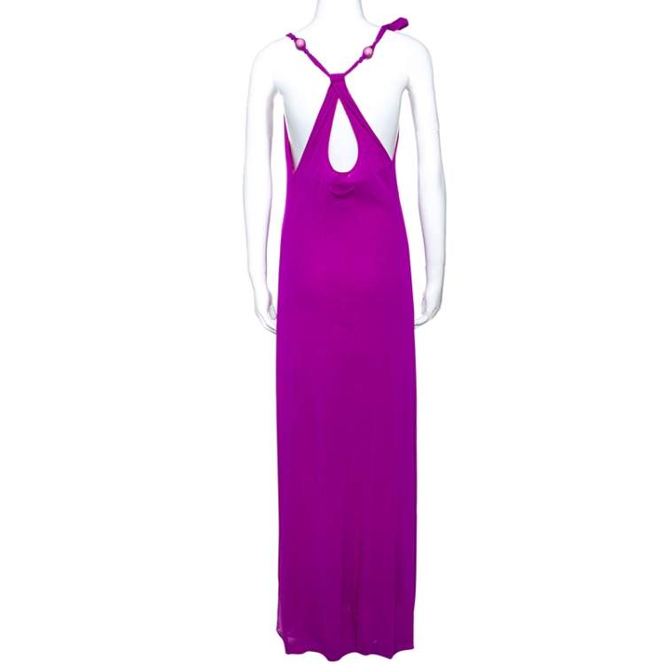 Pre Owned Jean Paul Gaultier Soleil Purple Stretch Beaded Neck Detail Maxi Dress L