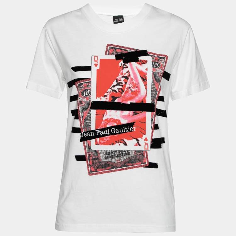 Pre Owned Jean Paul Gaultier White Printed Cotton Short Sleeve Crewneck T-Shirt L