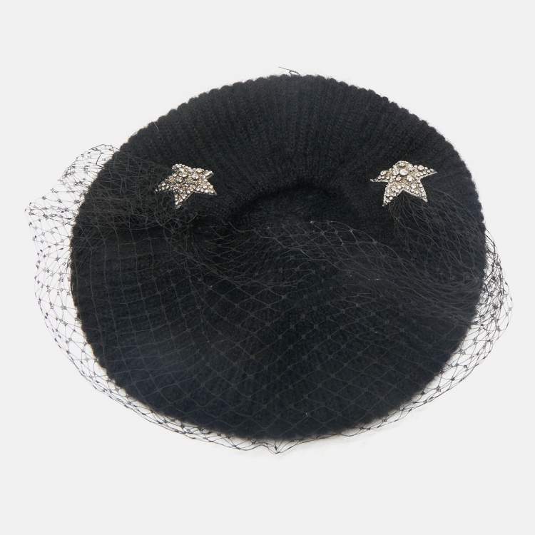 Pre Owned Jennifer Behr Black Wool Knit Veil Trim Beanie One Size 