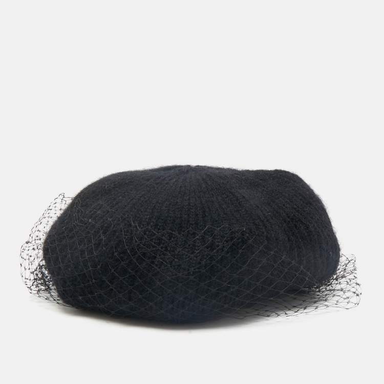 Pre Owned Jennifer Behr Black Wool Knit Veil Trim Beanie One Size 