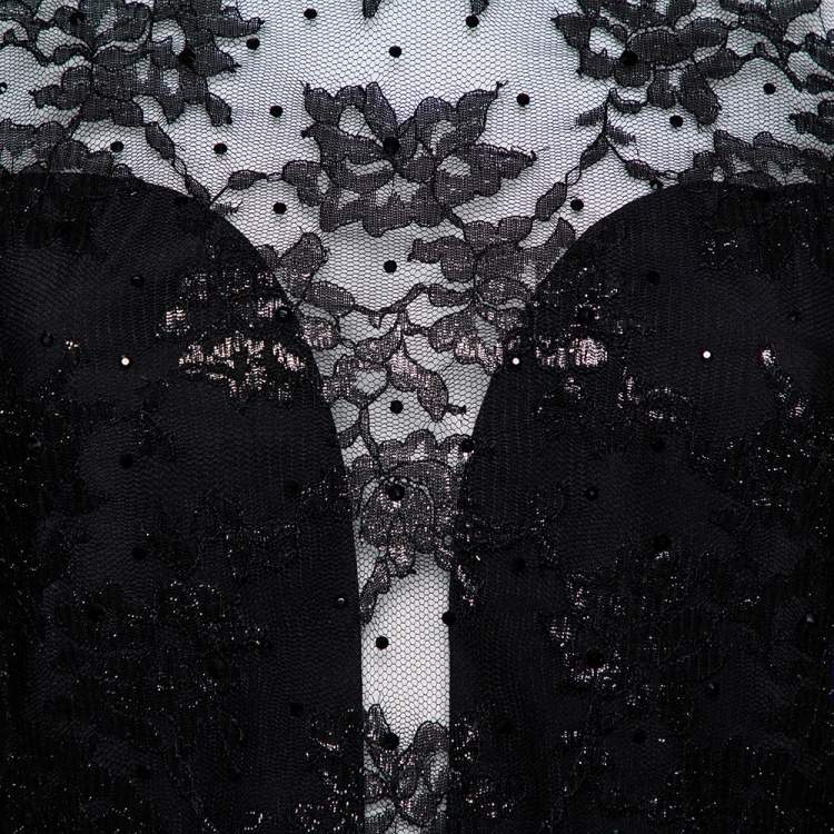 Pre Owned Jenny Packham Black Embellished Metallic Lace Bell Sleeve Detail Mini Dress M