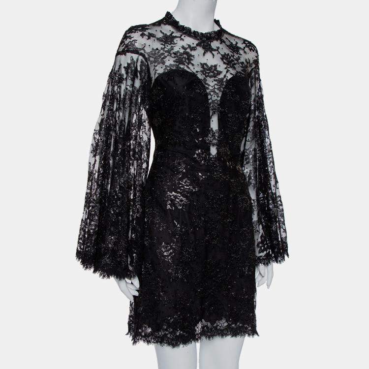Pre Owned Jenny Packham Black Embellished Metallic Lace Bell Sleeve Detail Mini Dress M